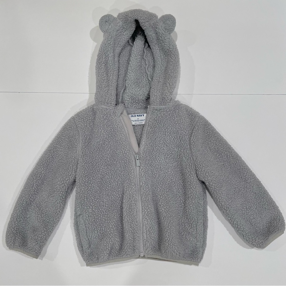 Old Navy 4T Gray Sherpa Zip-Up Hoodie Jacket with Bear Ears